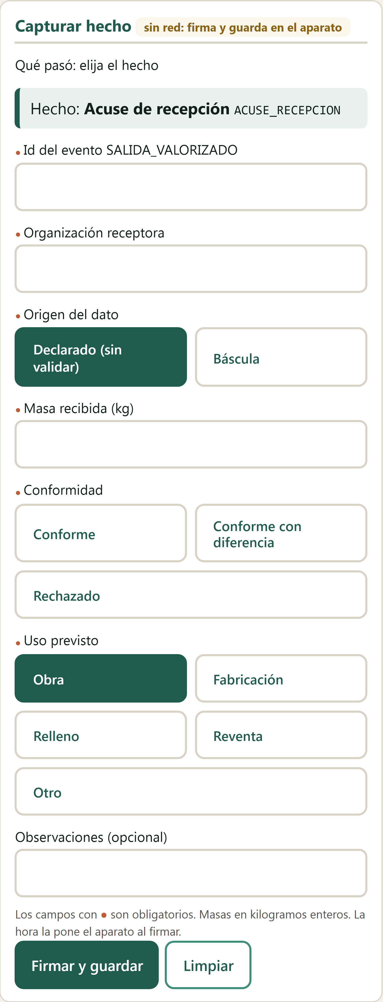 Formulario Acuse de recepción en el terminal