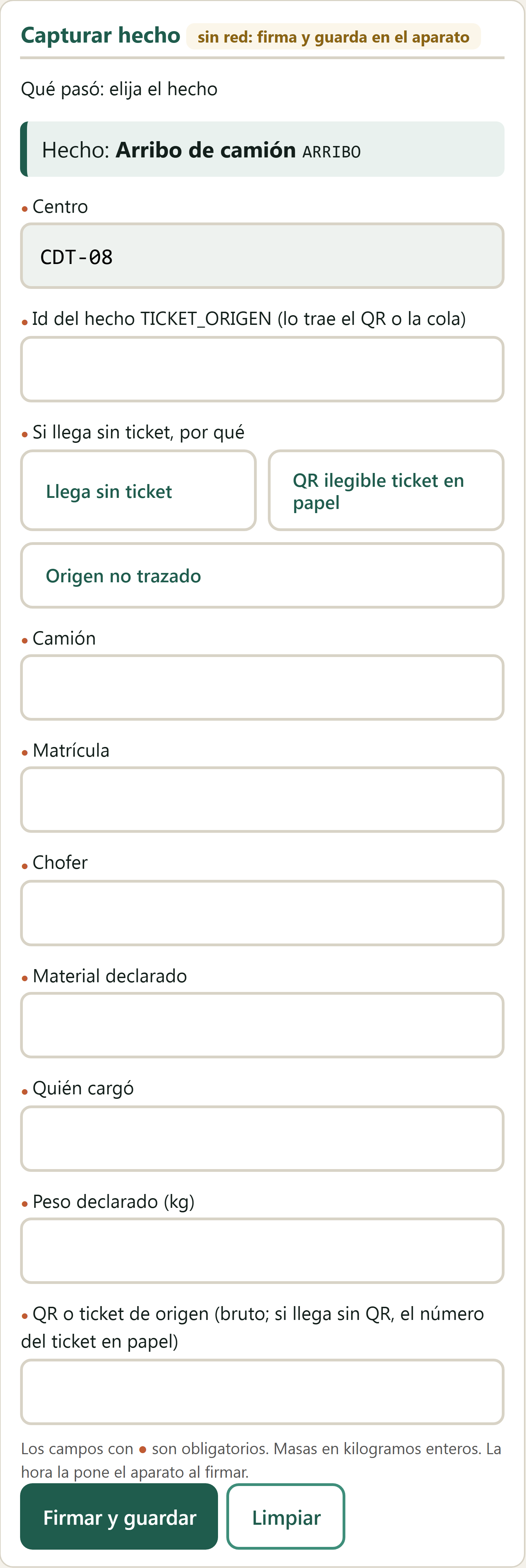 Formulario Arribo de camión en el terminal