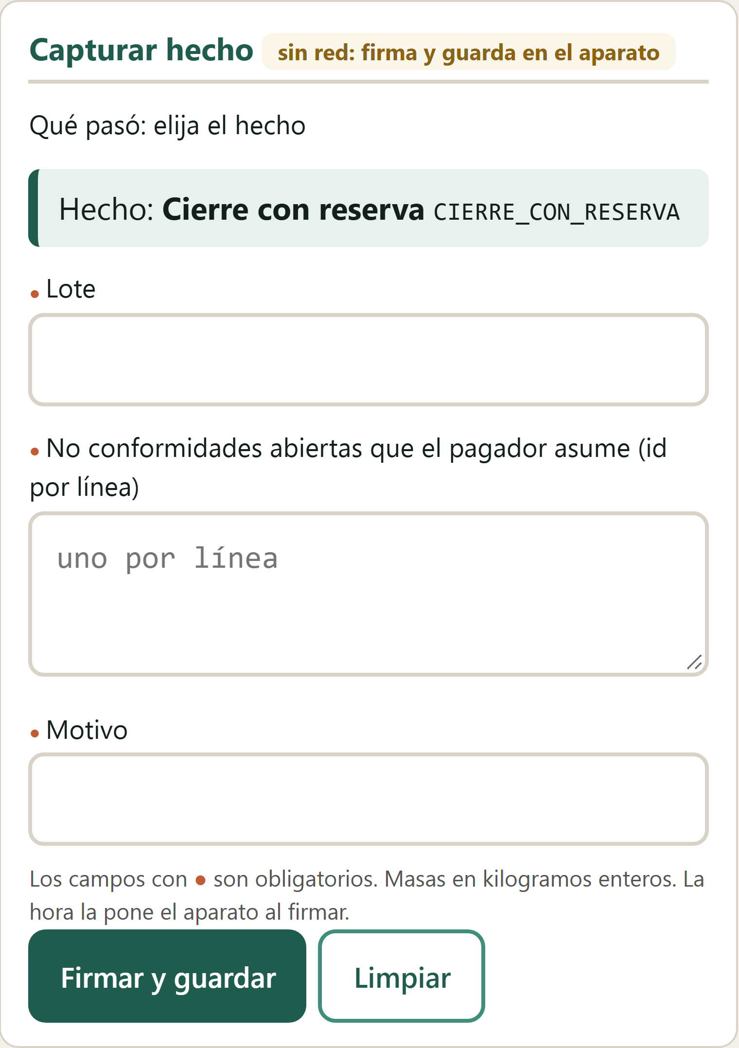 Formulario Cierre con reserva
