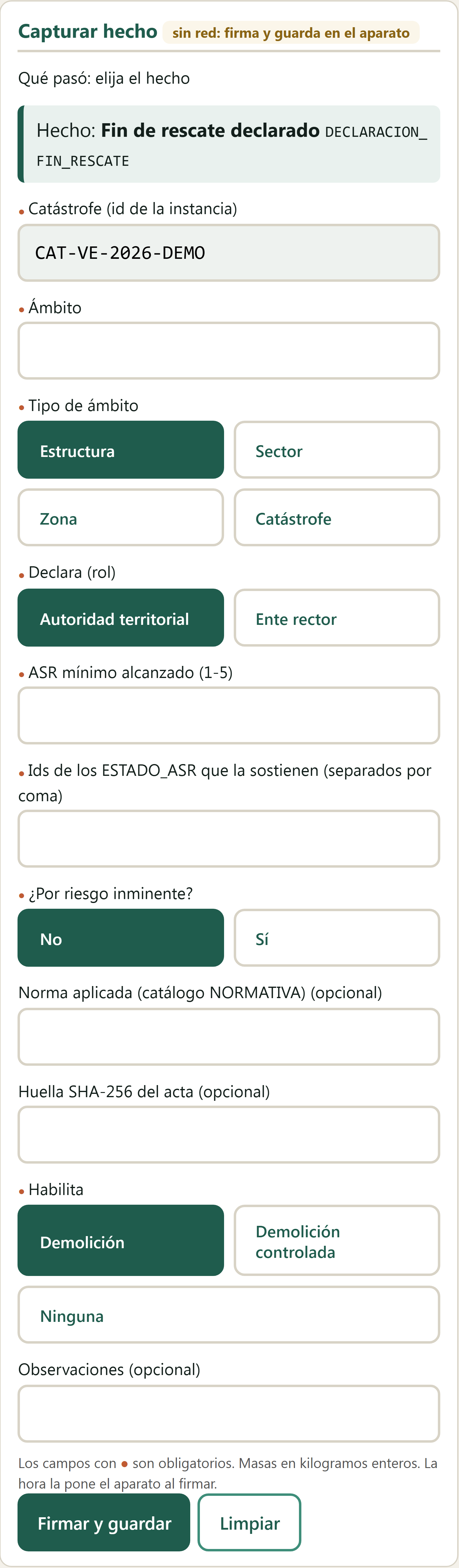 Formulario Fin de rescate declarado