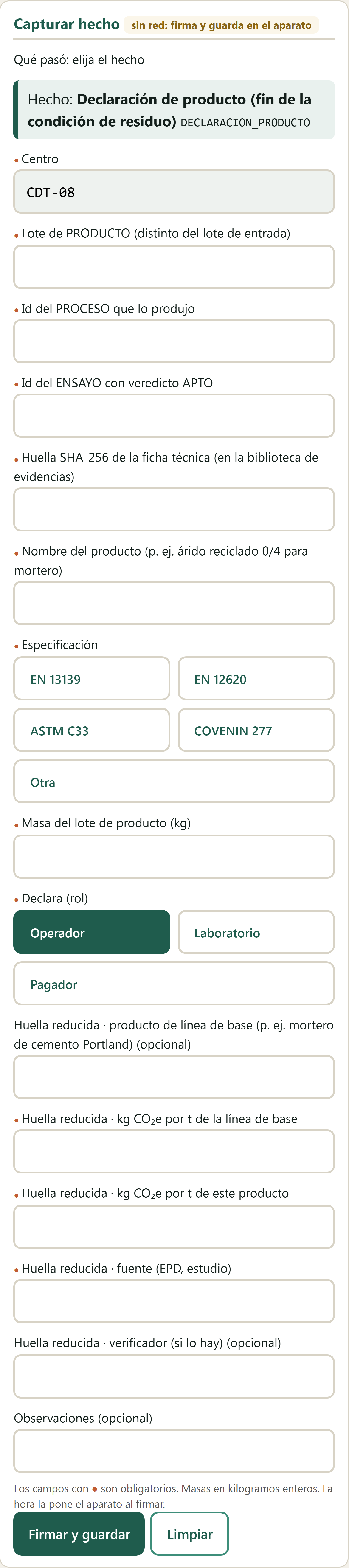 Formulario Declaración de producto (fin de la condición de residuo)
