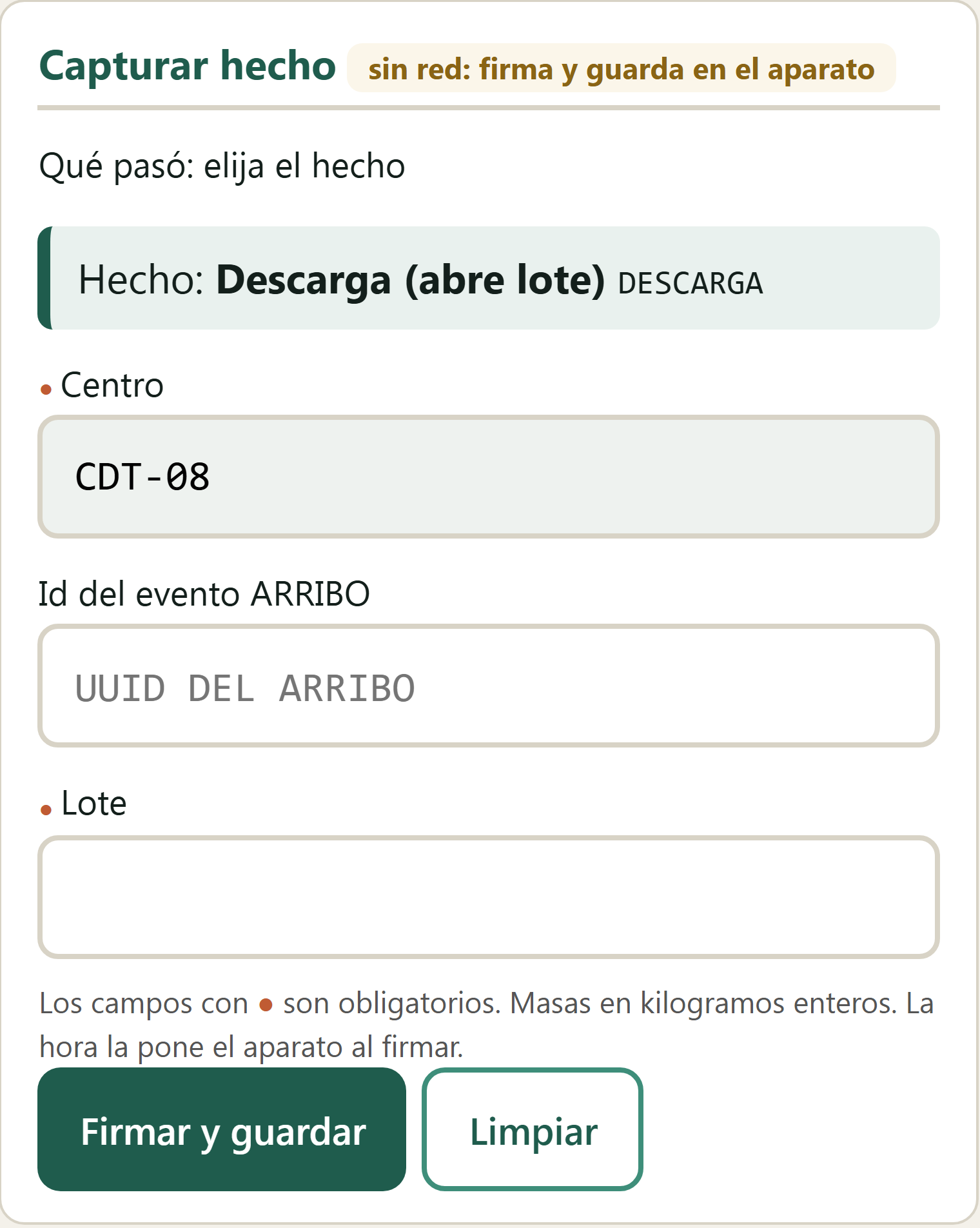 Formulario Descarga (abre lote) en el terminal
