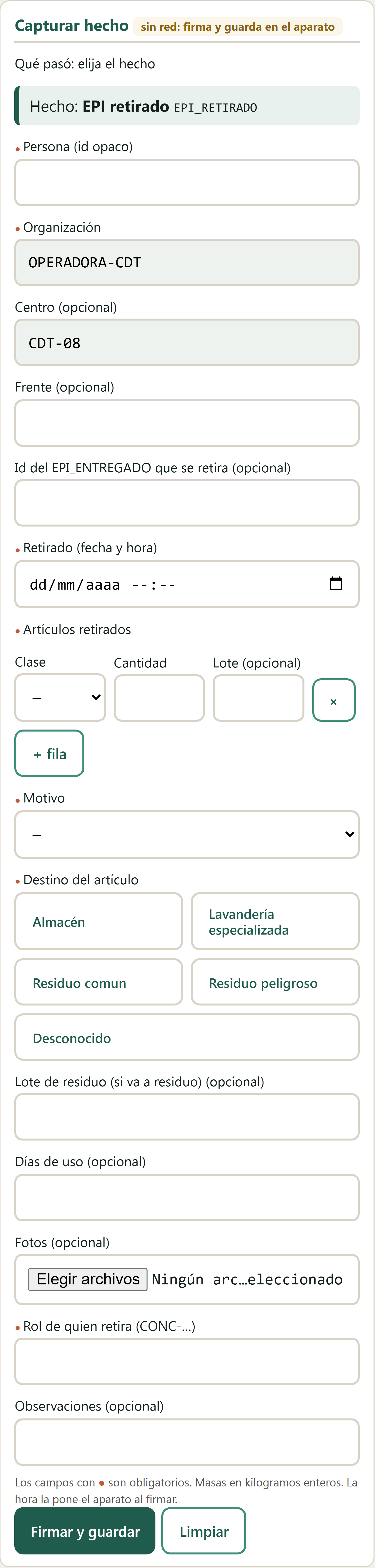 Formulario EPI retirado