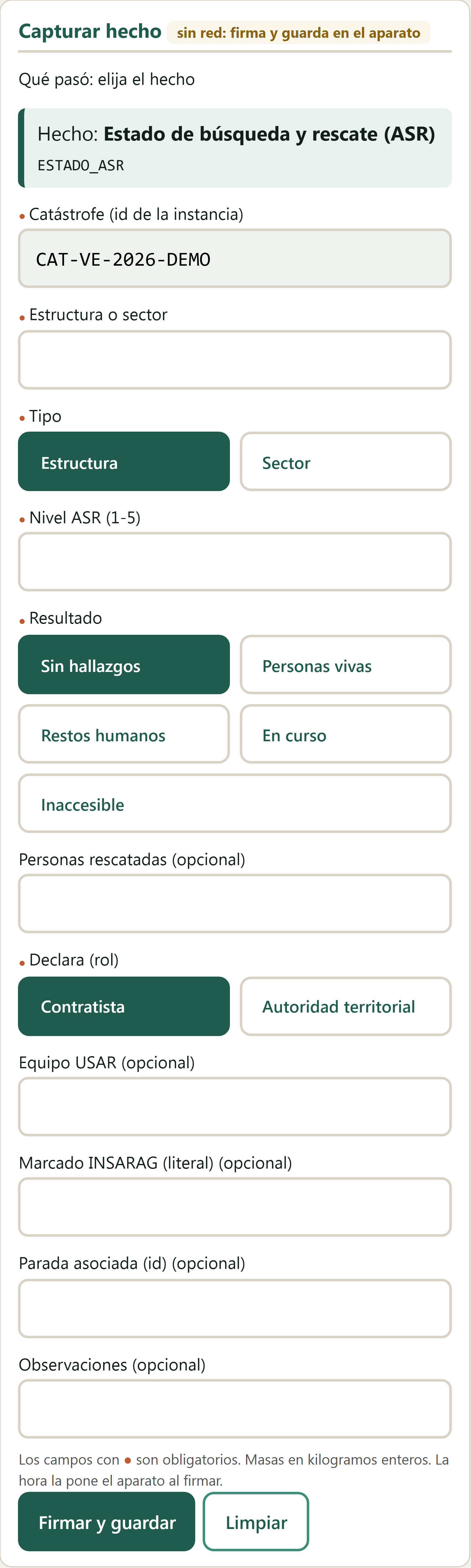 Formulario Estado de búsqueda y rescate (ASR)
