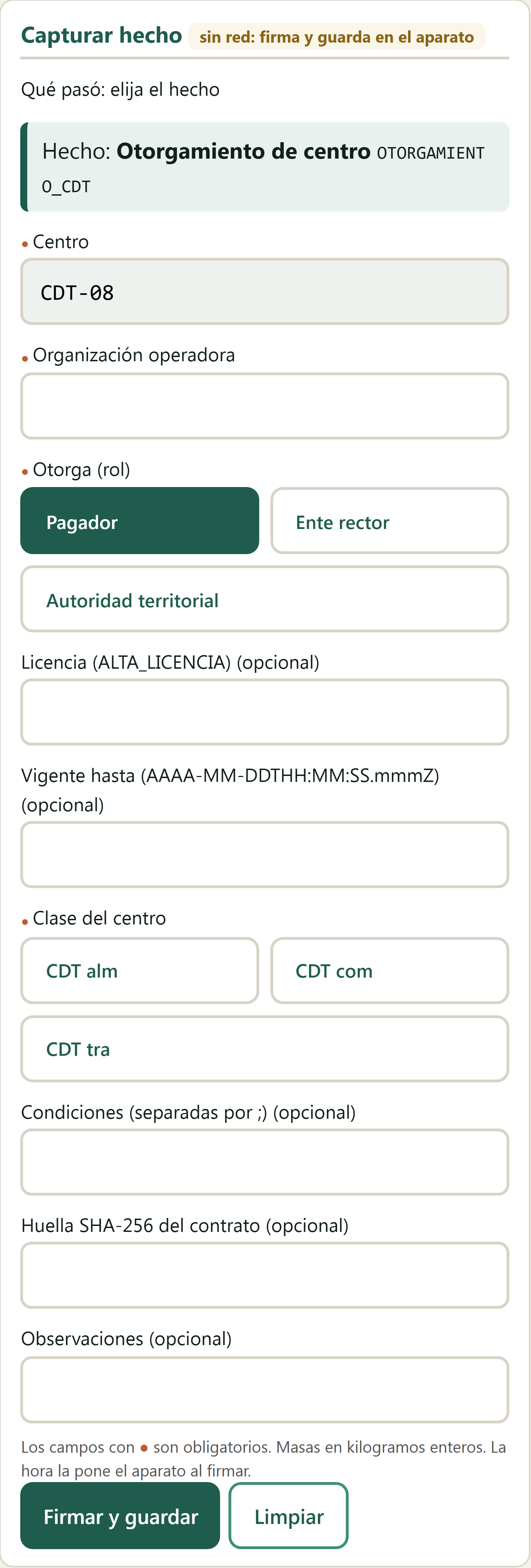 Formulario Otorgamiento de centro