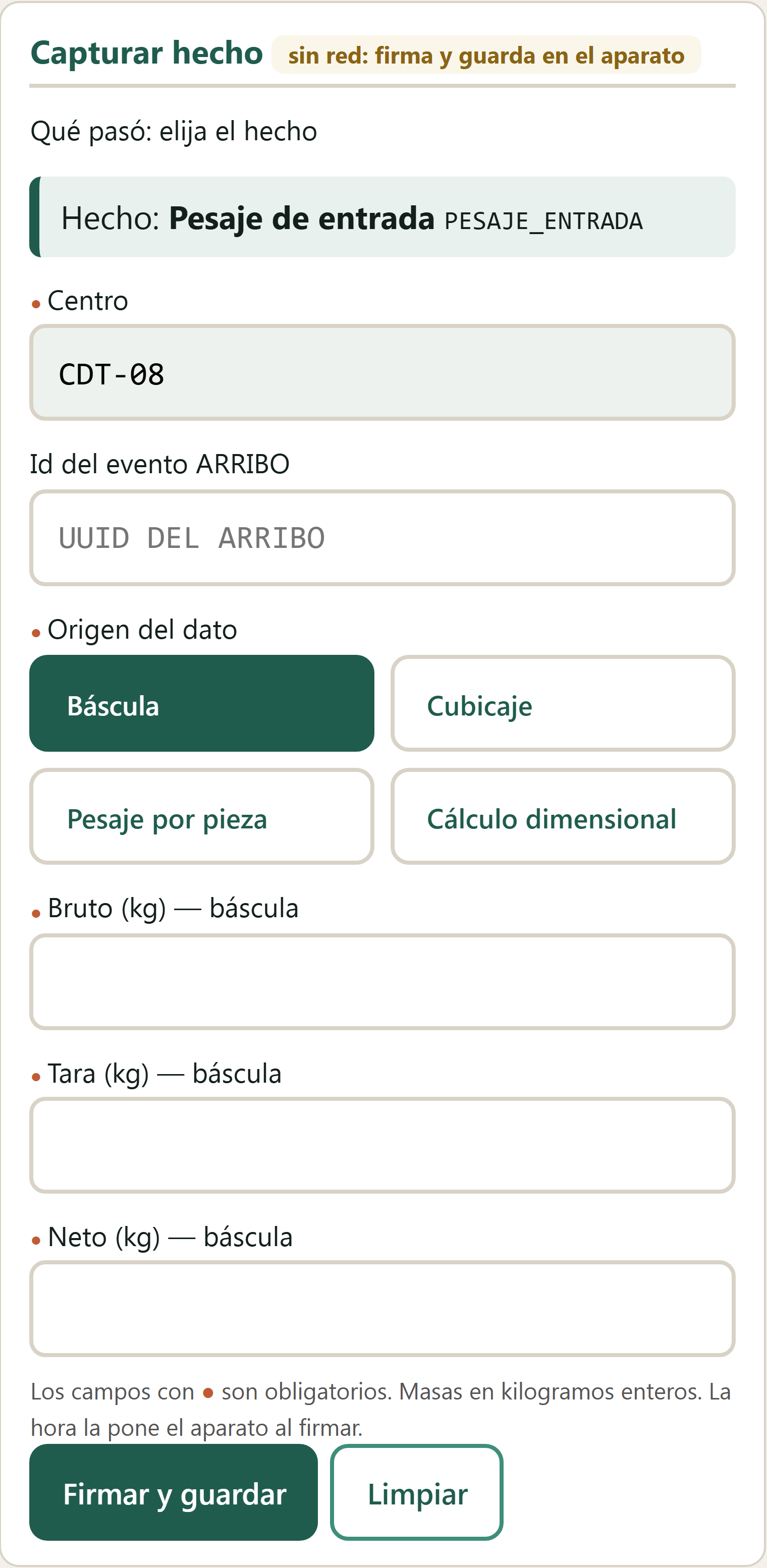 Formulario Pesaje de entrada en el terminal