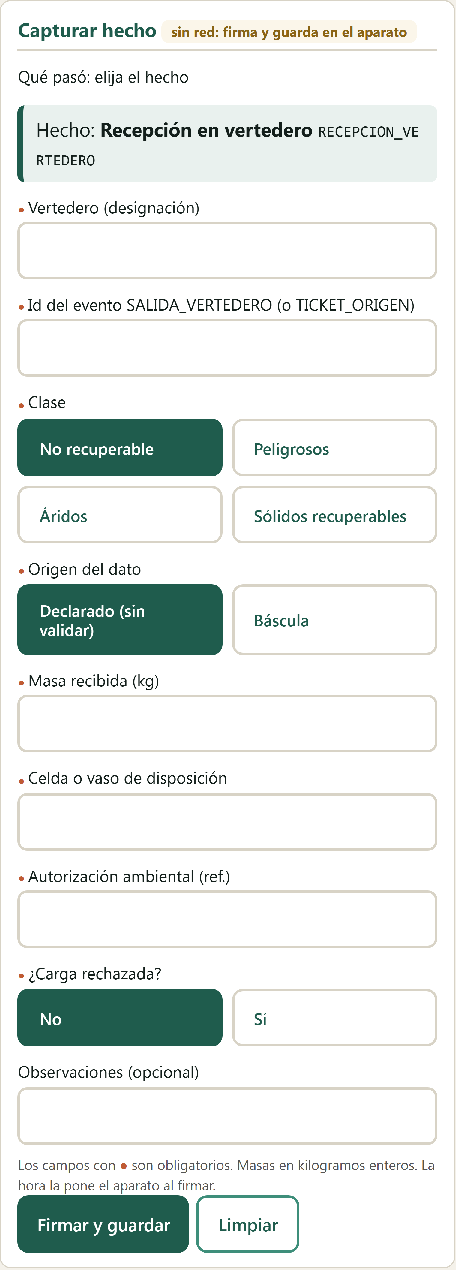 Formulario Recepción en vertedero en el terminal