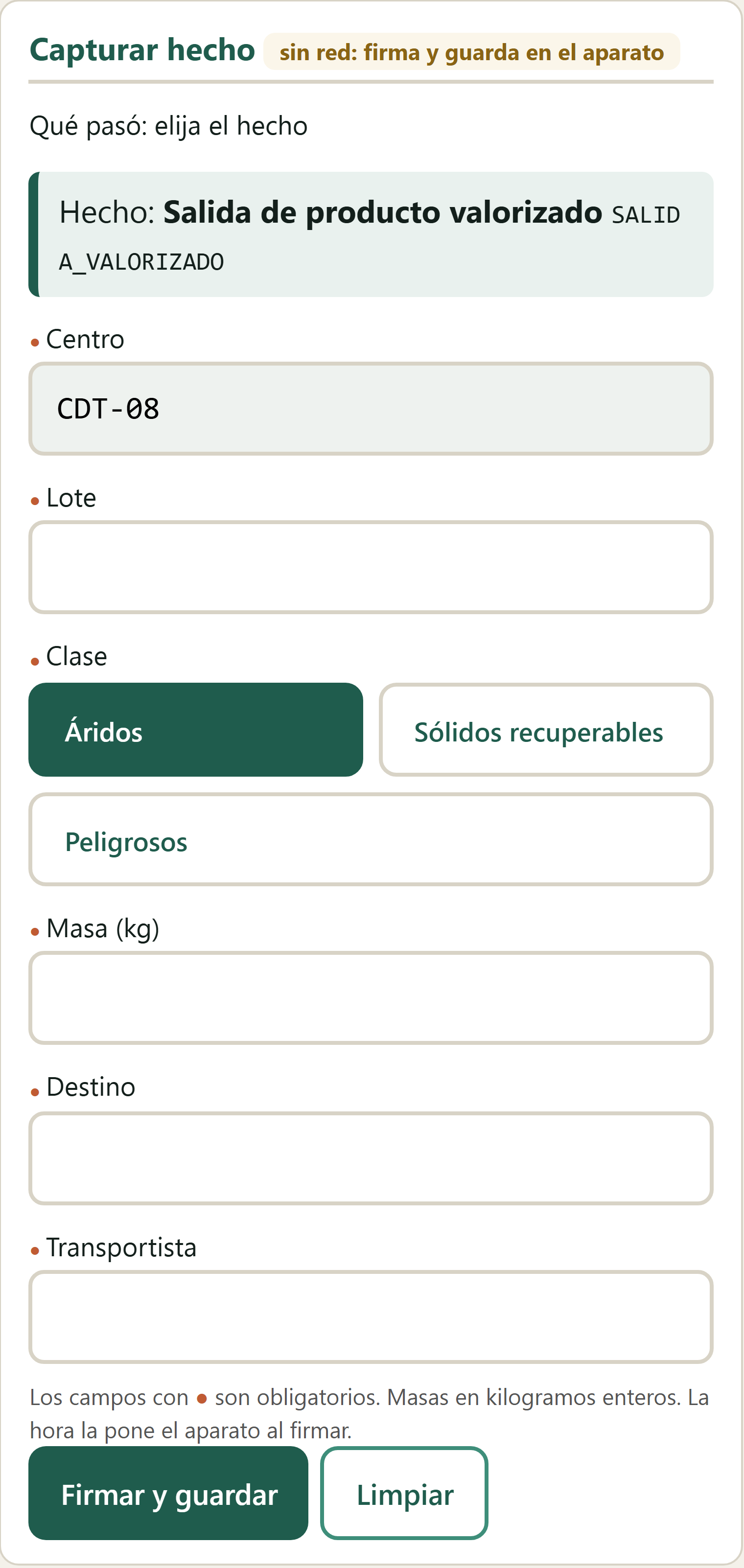 Formulario Salida de producto valorizado en el terminal