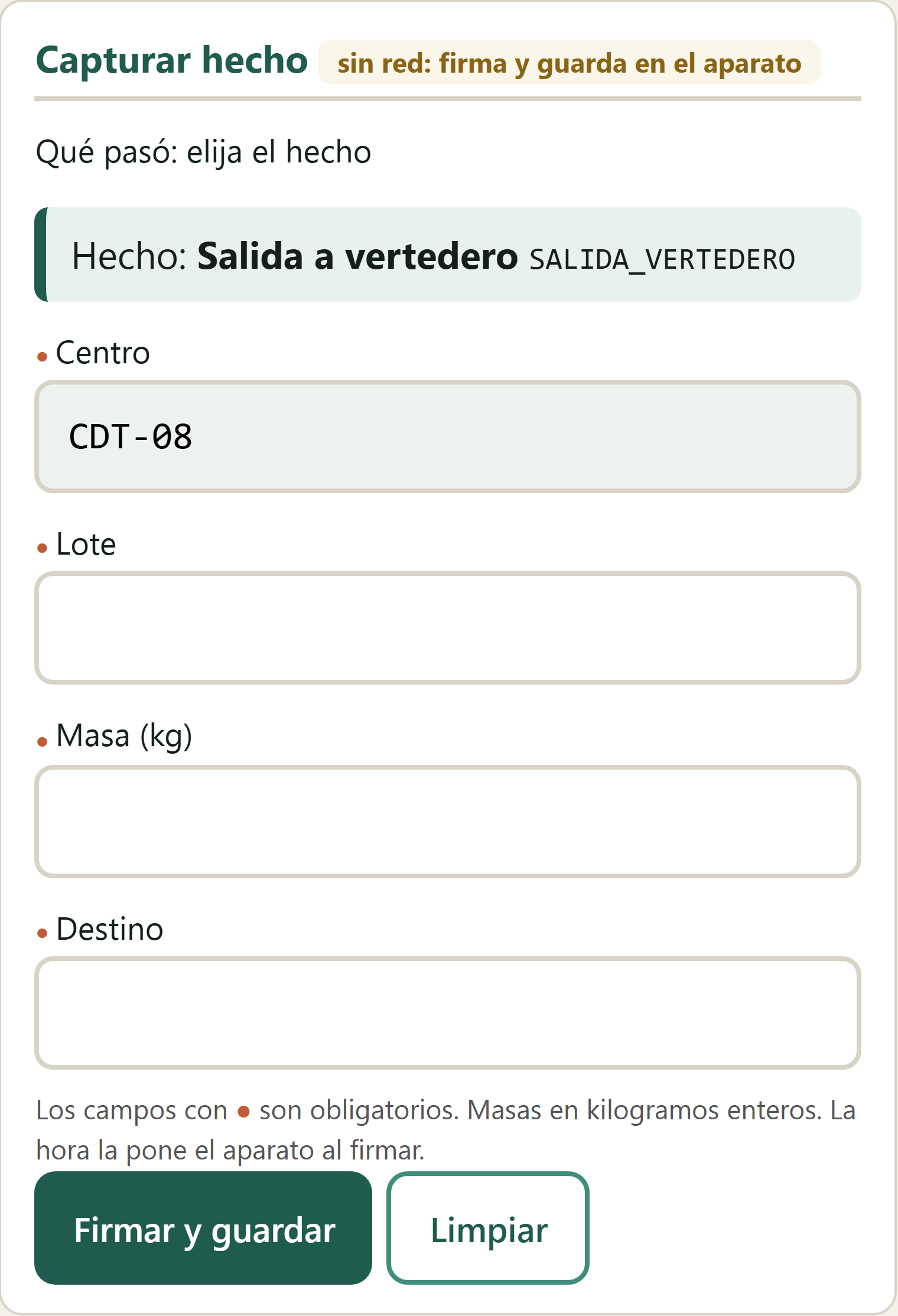 Formulario Salida a vertedero en el terminal