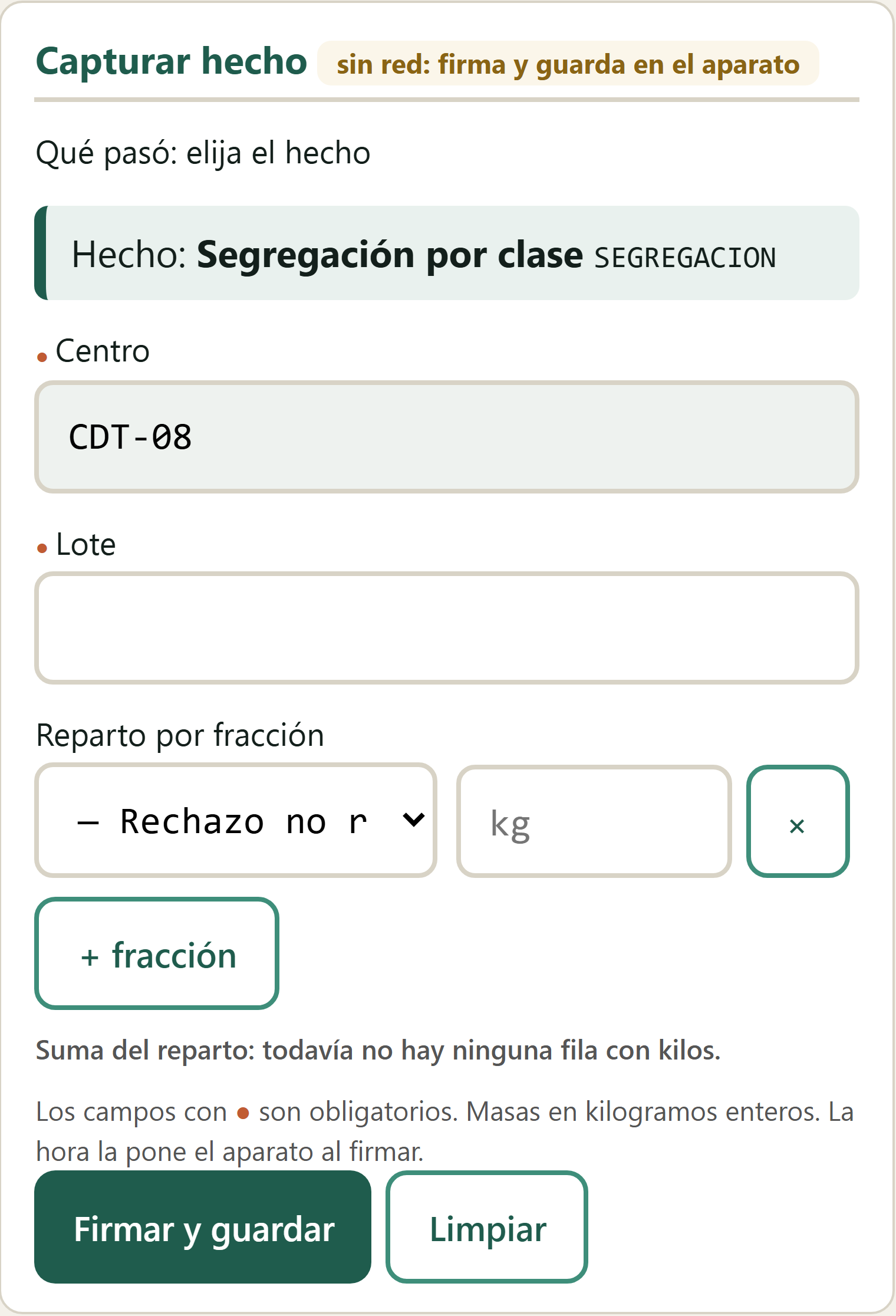 Formulario Segregación por clase en el terminal