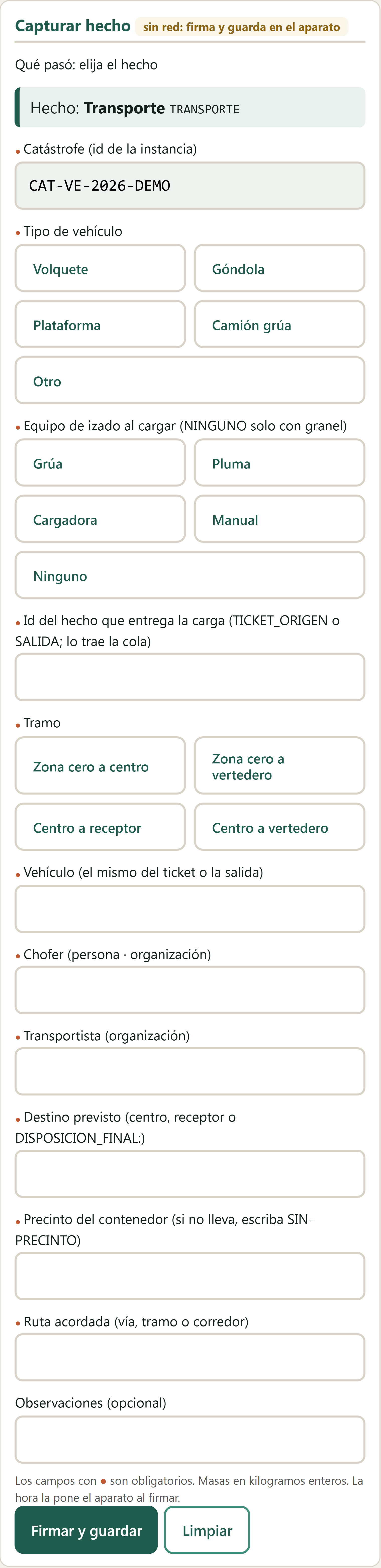 Formulario Transporte en el terminal